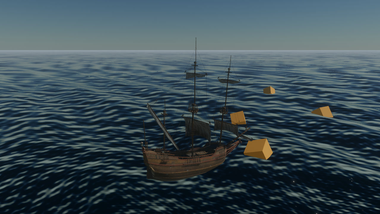 Harbor's CC0 Dutch ship and cargo meshes in Amoris, with baked probe diffuse global illumination at a fixed pose
