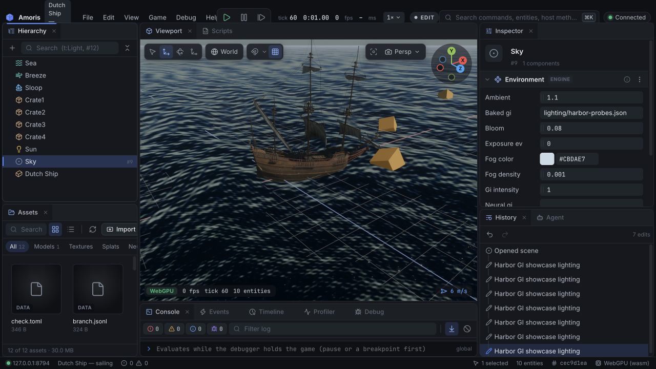 The Amoris web editor connected to a real Rust host, showing Harbor with baked probe GI in the WebGPU viewport