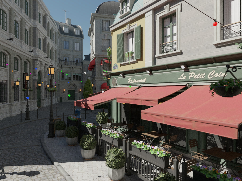 Bistro street in sunlight, rendered in Amoris with multi-bounce Metal path tracing